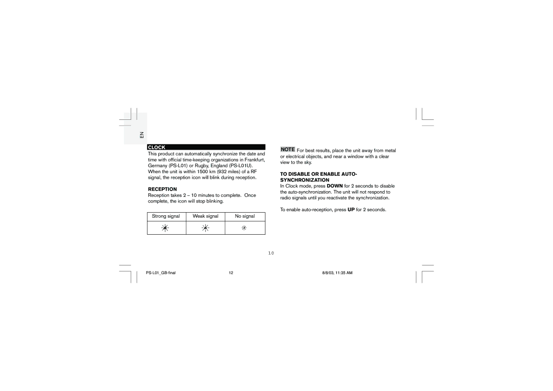 Oregon Scientific PS-L01U user manual Clock, Reception, To Disable or Enable Auto Synchronization 