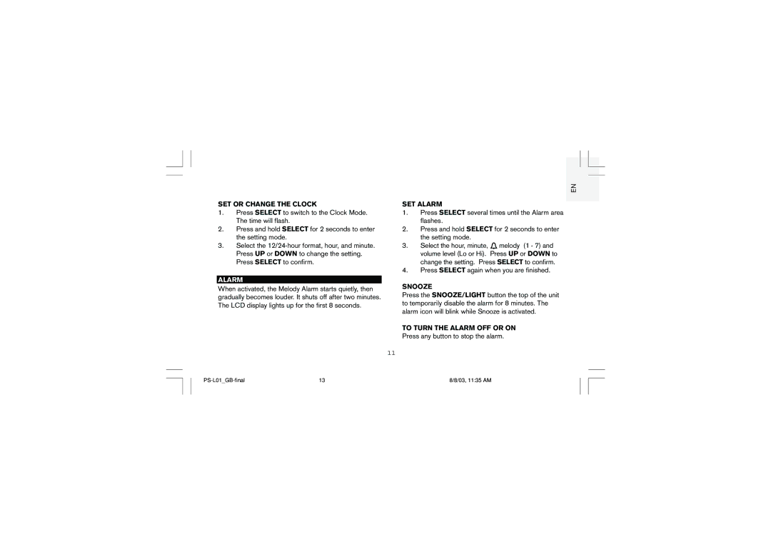 Oregon Scientific PS-L01U user manual SET or Change the Clock, SET Alarm, Snooze, To Turn the Alarm OFF or on 