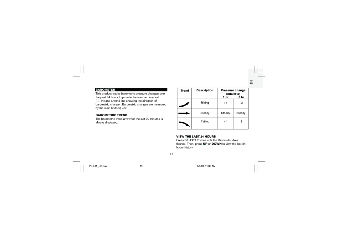 Oregon Scientific PS-L01U user manual Barometer, Barometric Trend, View the Last 24 Hours 