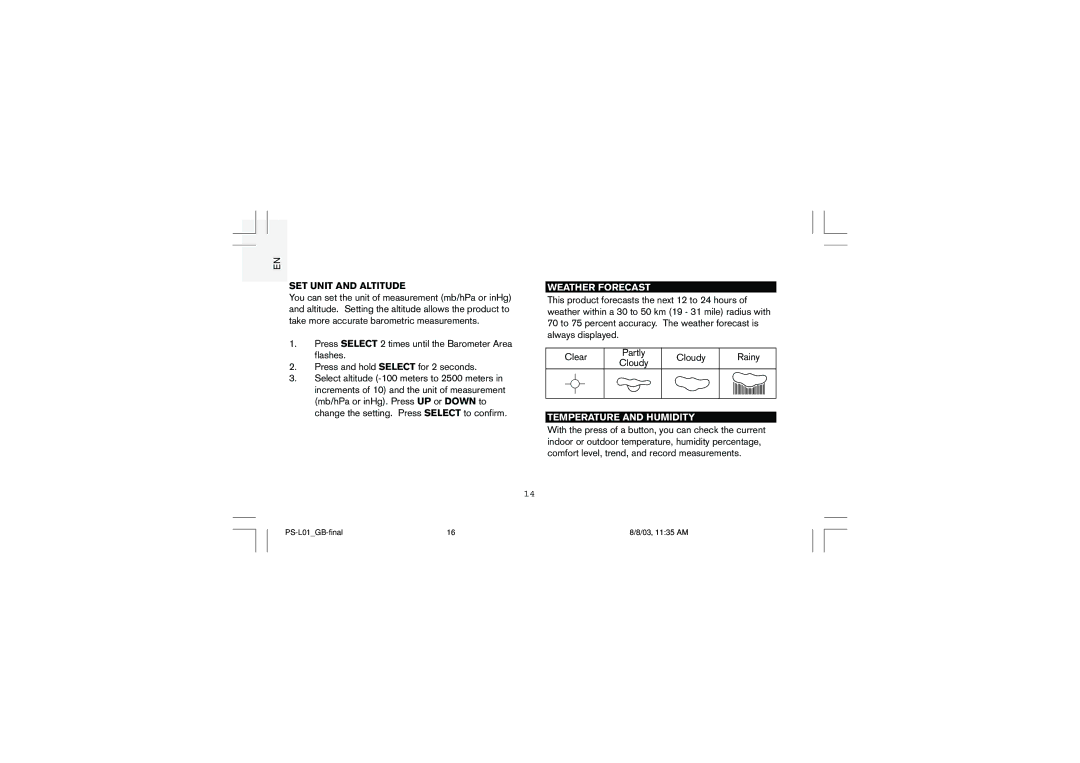 Oregon Scientific PS-L01U user manual SET Unit and Altitude, Weather Forecast, Temperature and Humidity 