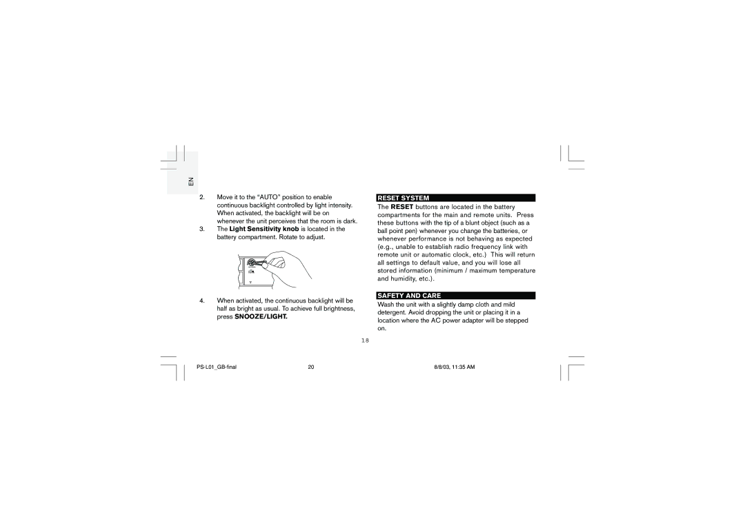 Oregon Scientific Full Weather Station with Radio Controlled Clock, PS-L01U user manual Reset System, Safety and Care 