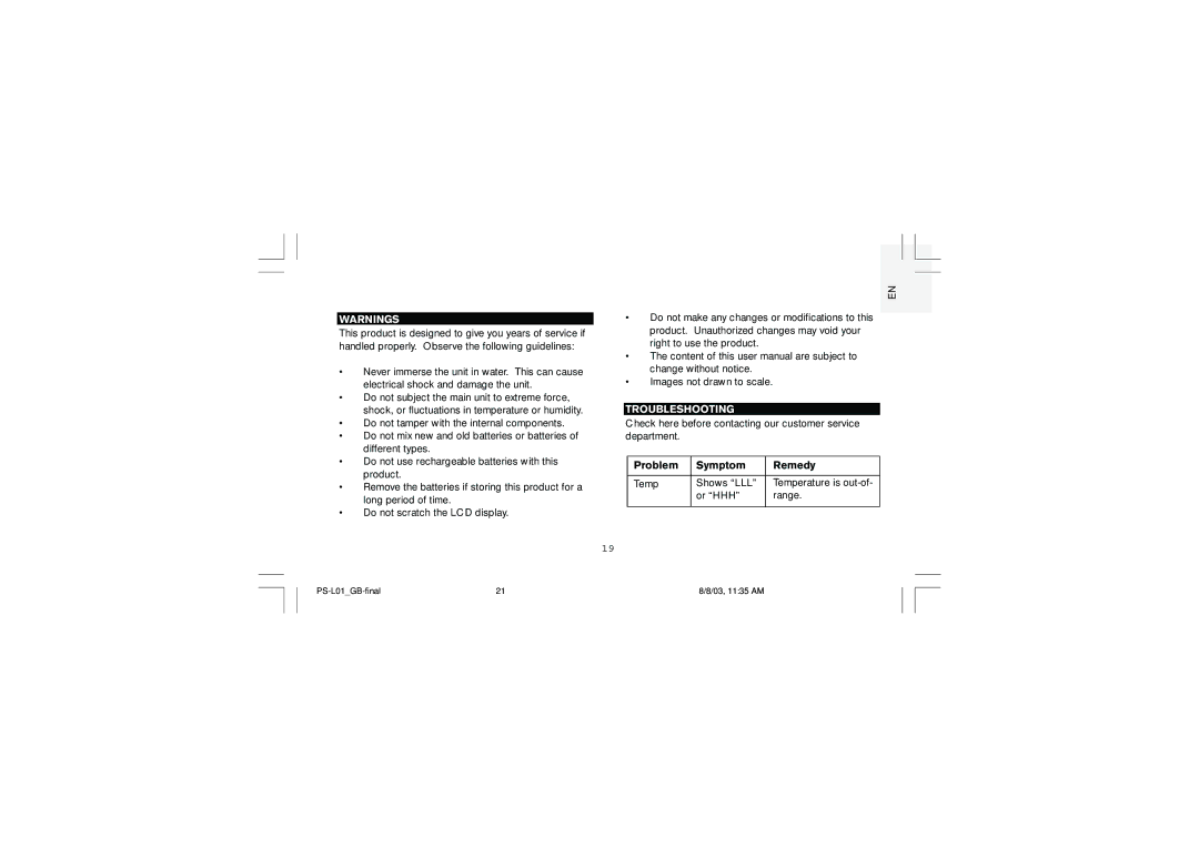 Oregon Scientific PS-L01U, Full Weather Station with Radio Controlled Clock user manual Troubleshooting 