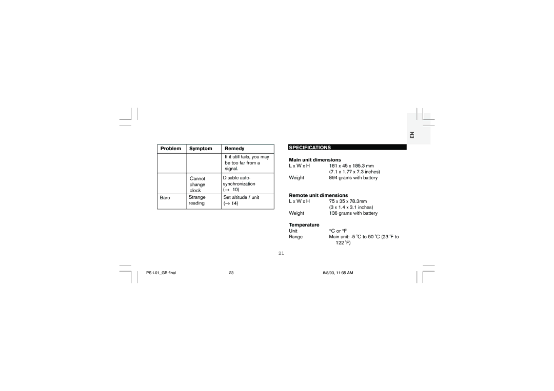 Oregon Scientific Full Weather Station with Radio Controlled Clock, PS-L01U user manual Specifications, Temperature 