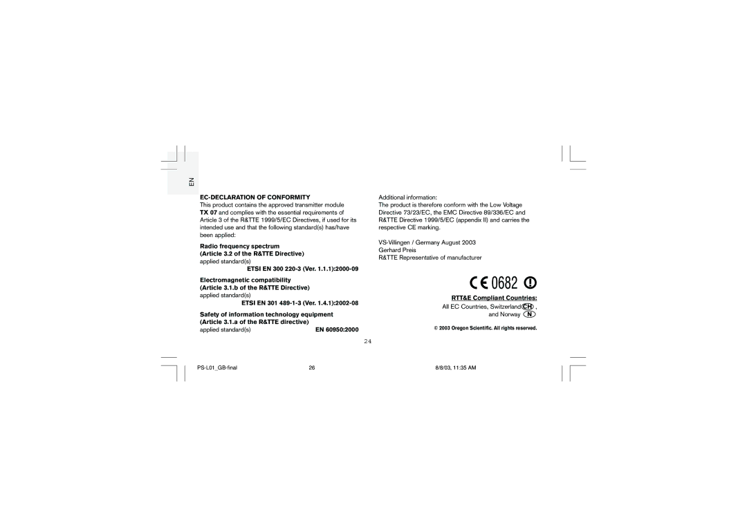 Oregon Scientific Full Weather Station with Radio Controlled Clock, PS-L01U user manual EC-DECLARATION of Conformity 