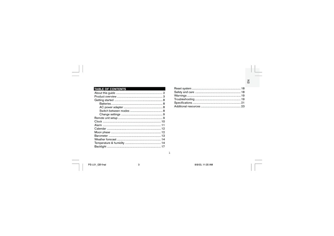 Oregon Scientific PS-L01U, Full Weather Station with Radio Controlled Clock user manual Table of Contents 