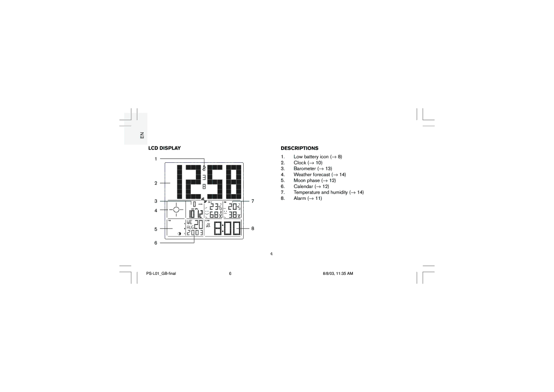 Oregon Scientific PS-L01U, Full Weather Station with Radio Controlled Clock user manual LCD Display Descriptions 