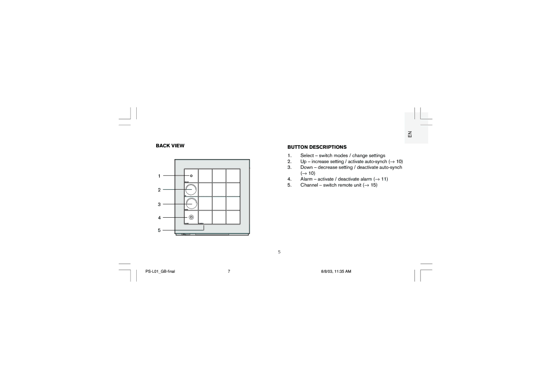 Oregon Scientific PS-L01U, Full Weather Station with Radio Controlled Clock user manual Back View Button Descriptions 