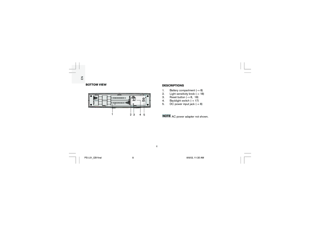 Oregon Scientific Full Weather Station with Radio Controlled Clock, PS-L01U user manual Bottom View Descriptions 