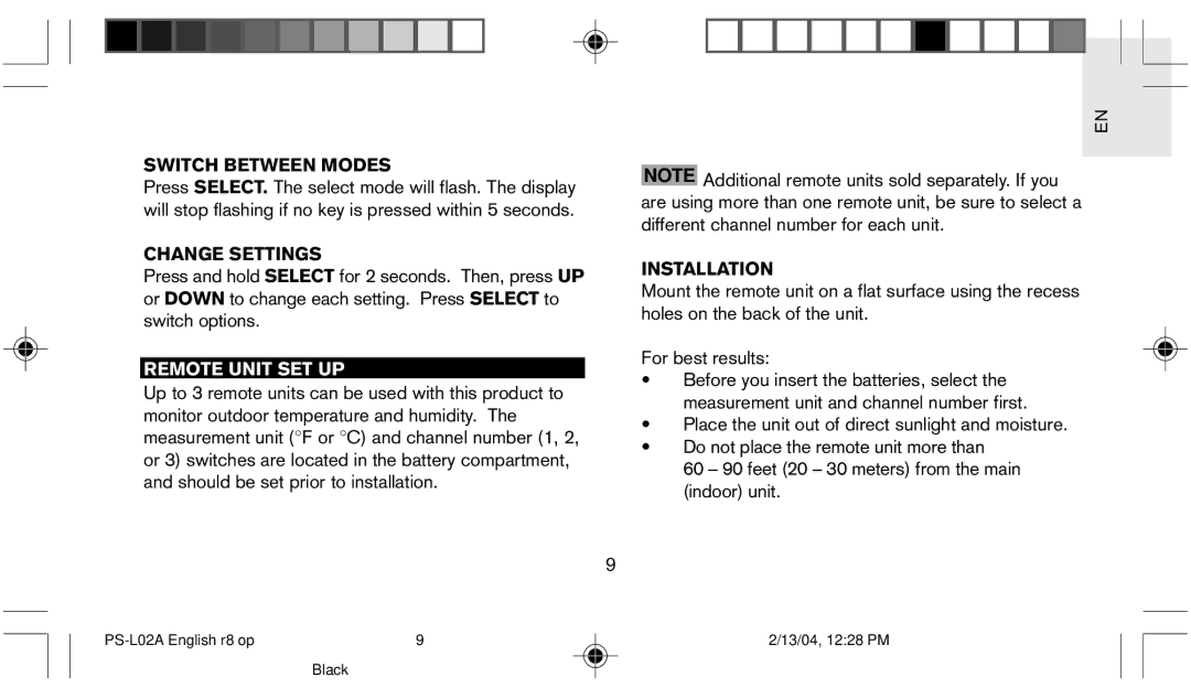 Oregon Scientific PS L02A user manual Switch Between Modes, Change Settings, Remote Unit SET UP, Installation 