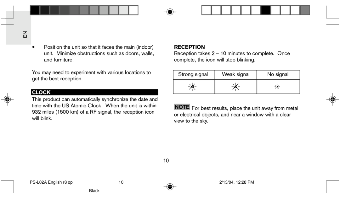 Oregon Scientific PS L02A user manual Clock, Reception 