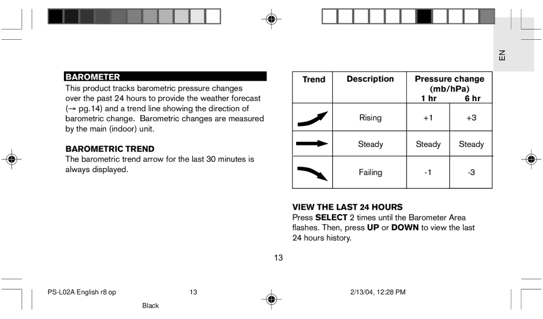 Oregon Scientific PS L02A user manual Barometer, Barometric Trend, View the Last 24 Hours 