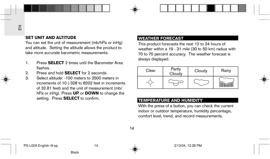 Oregon Scientific PS L02A user manual SET Unit and Altitude, Weather Forecast, Temperature and Humidity 