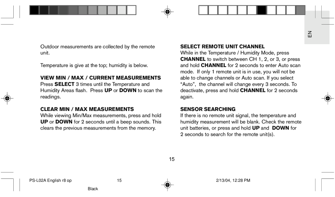 Oregon Scientific PS L02A user manual Clear MIN / MAX Measurements, Select Remote Unit Channel, Sensor Searching 