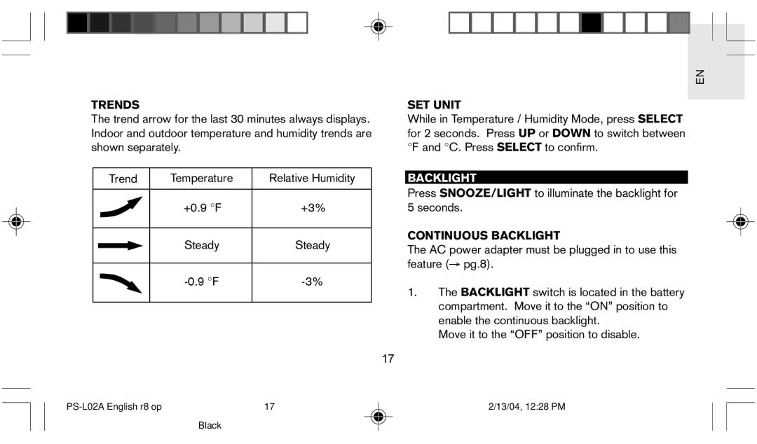 Oregon Scientific PS L02A user manual Trends, SET Unit, Continuous Backlight 