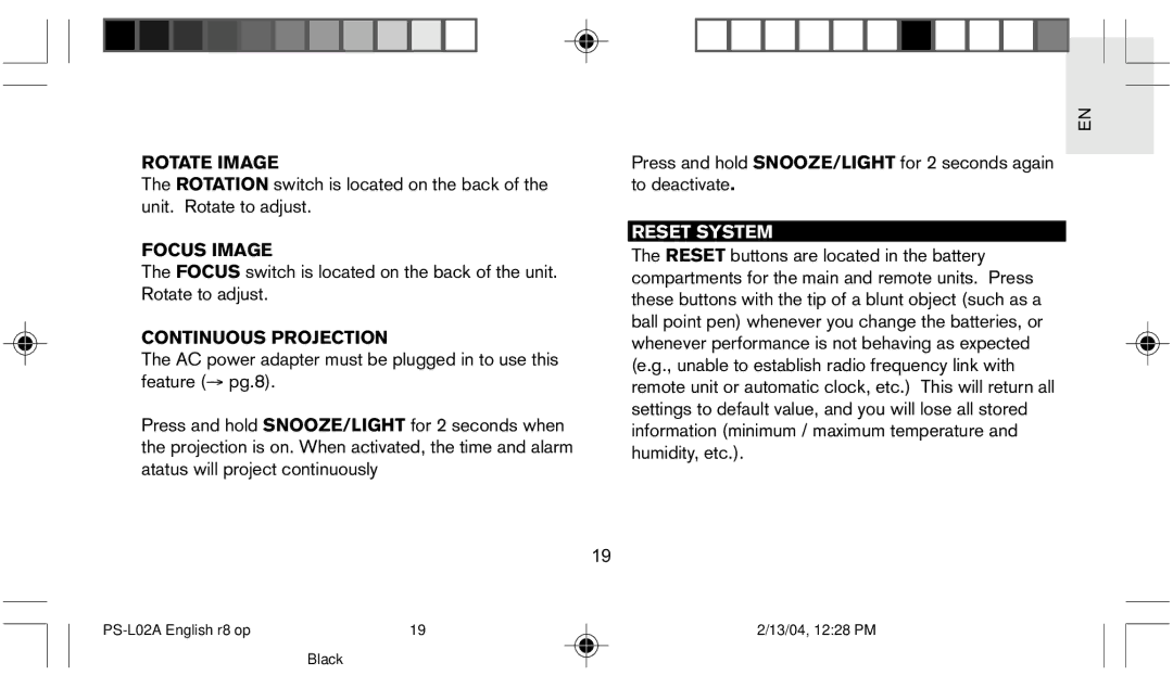 Oregon Scientific PS L02A user manual Rotate Image, Focus Image, Continuous Projection, Reset System 