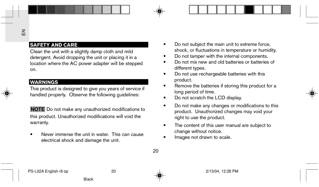 Oregon Scientific PS L02A user manual Safety and Care 