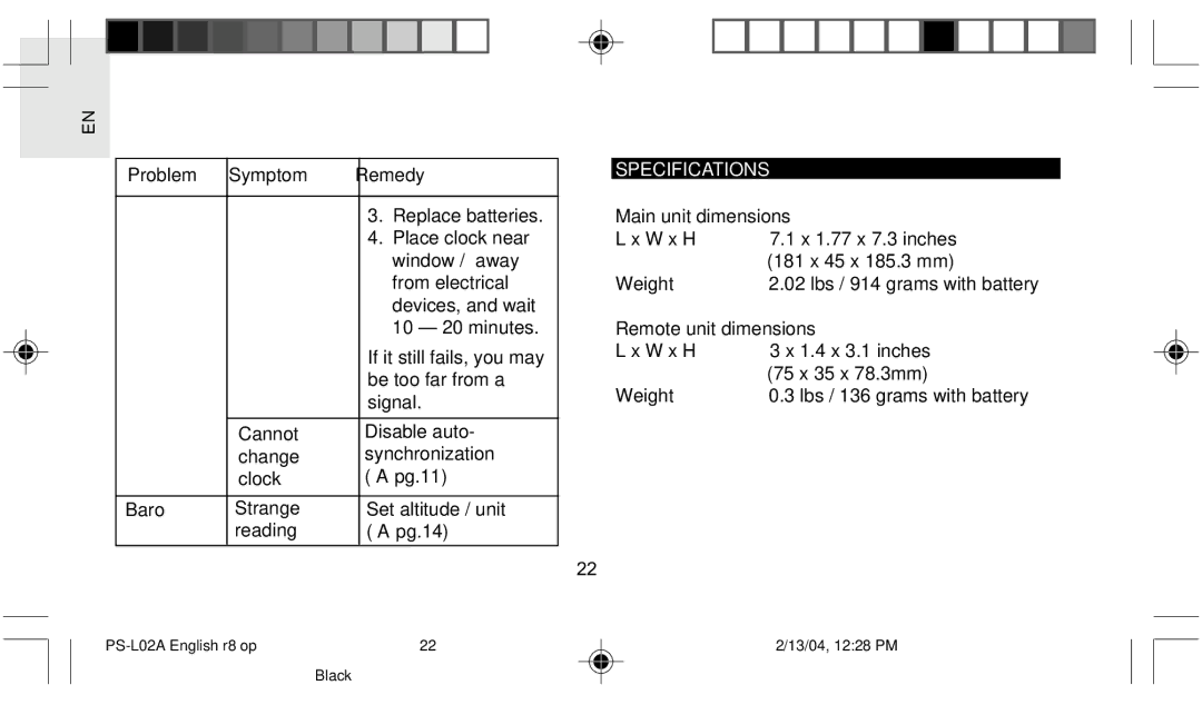 Oregon Scientific PS L02A user manual Specifications, Remote unit dimensions 