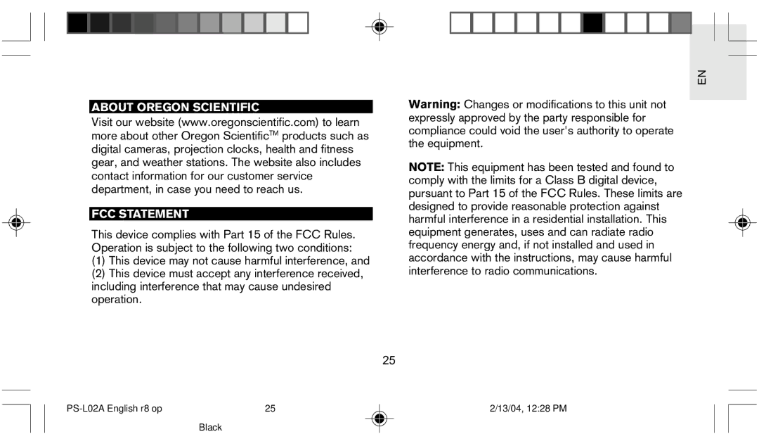 Oregon Scientific PS L02A user manual About Oregon Scientific FCC Statement 