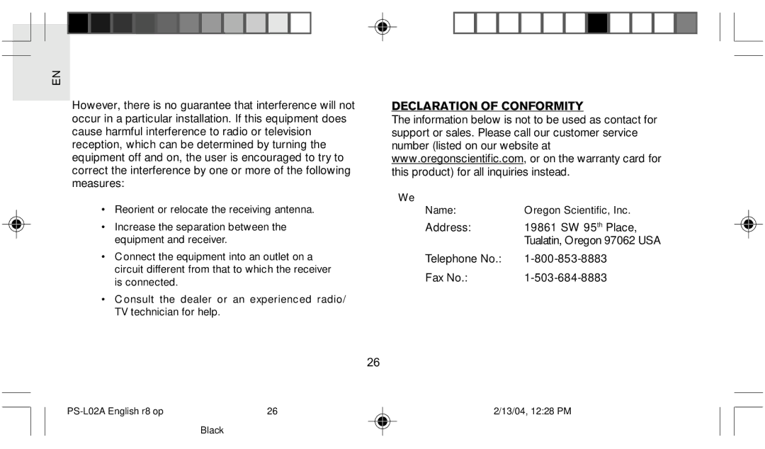 Oregon Scientific PS L02A user manual Declaration of Conformity 