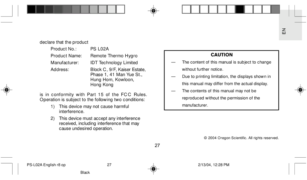 Oregon Scientific PS L02A user manual 