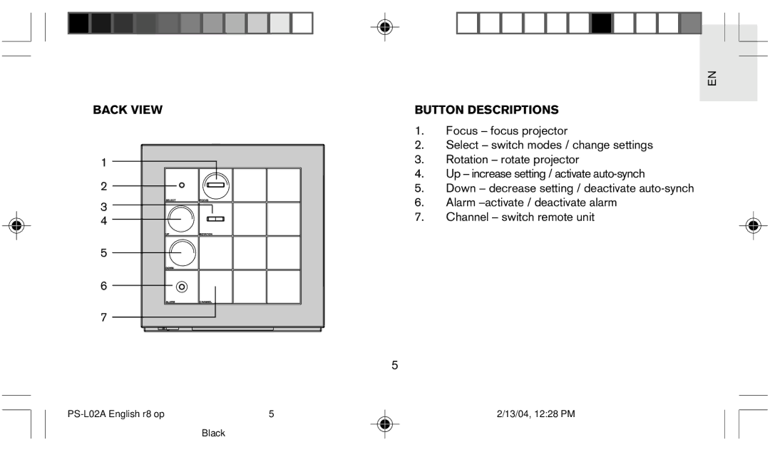 Oregon Scientific PS L02A user manual Back View Button Descriptions 