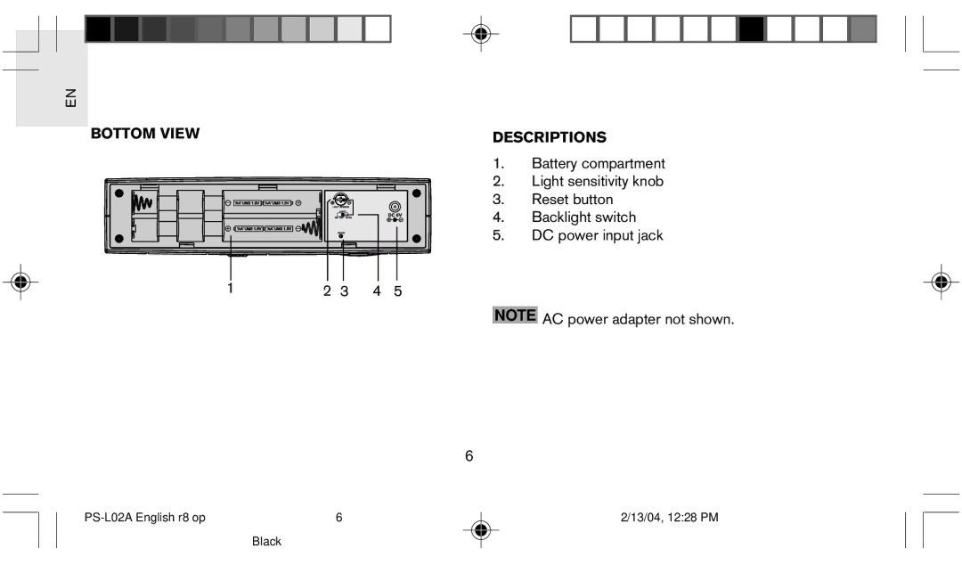 Oregon Scientific PS L02A user manual Bottom View Descriptions 