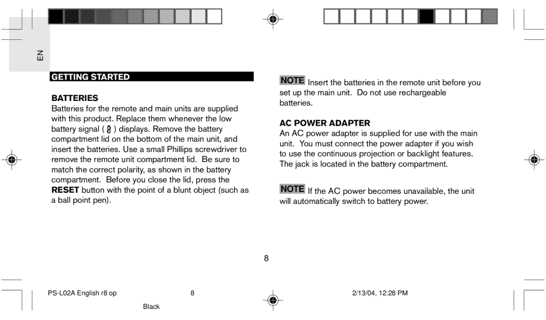 Oregon Scientific PS L02A user manual Getting Started, Batteries, AC Power Adapter 