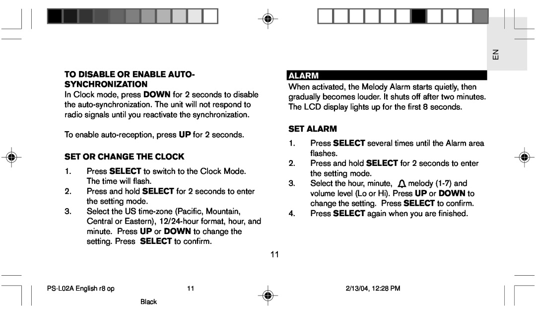 Oregon Scientific PS L02A user manual To Disable Or Enable Auto Synchronization, Set Or Change The Clock, Set Alarm 