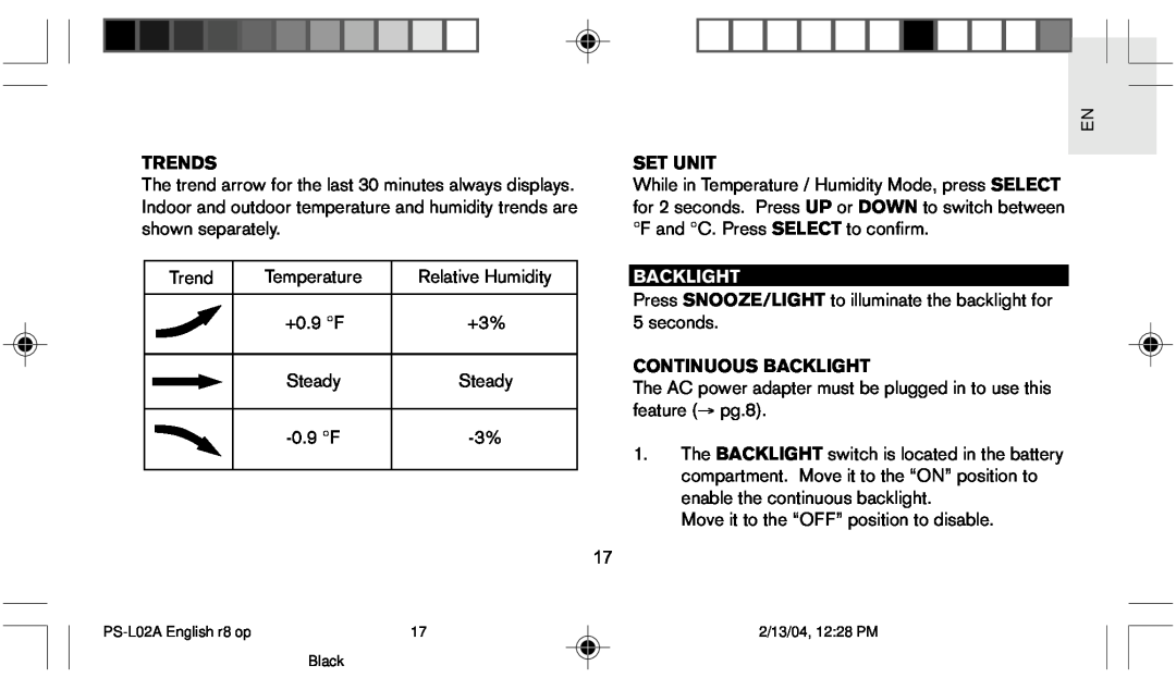 Oregon Scientific PS L02A user manual Trends, Set Unit, Continuous Backlight 