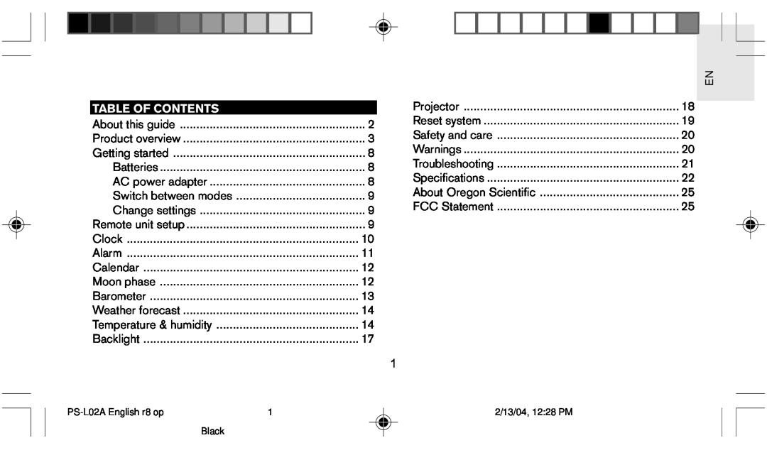 Oregon Scientific PS L02A user manual Table Of Contents 