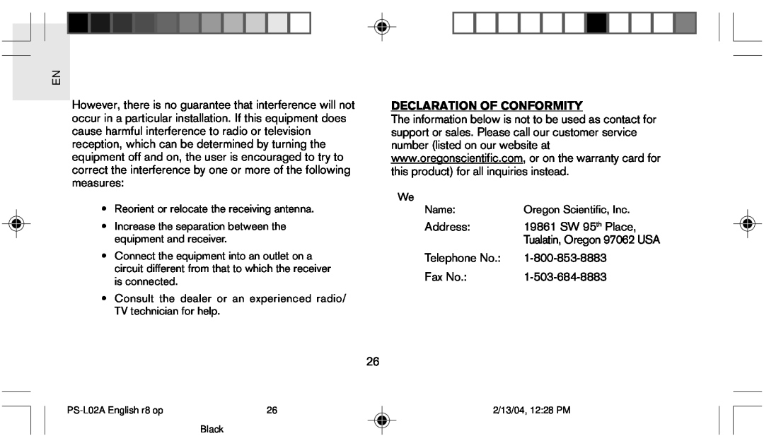 Oregon Scientific PS L02A user manual Declaration Of Conformity, Address, 19861 SW 95 th Place, Telephone No, Fax No 