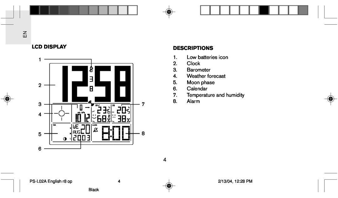 Oregon Scientific PS L02A user manual Lcd Display, Descriptions, PS-L02A English r8 op, Black, 2/13/04, 1228 PM 