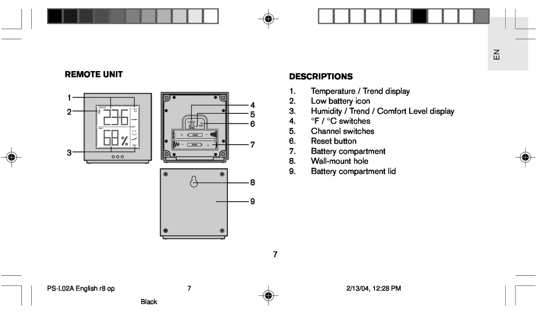 Oregon Scientific PS L02A user manual Remote Unit, Descriptions, PS-L02A English r8 op, Black, 2/13/04, 1228 PM 