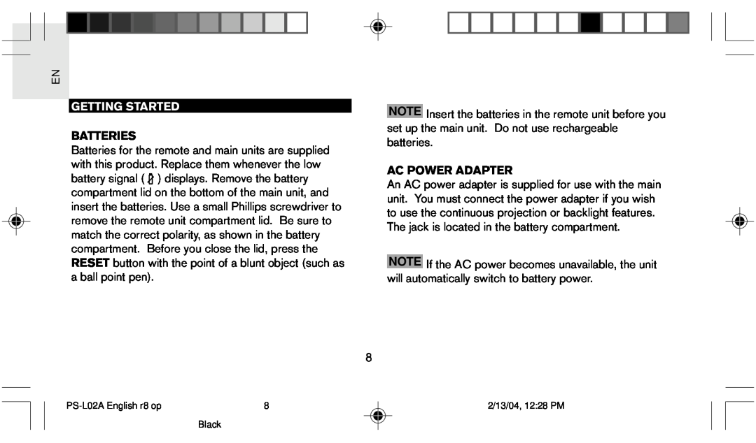 Oregon Scientific PS L02A user manual Getting Started, Batteries, Ac Power Adapter 