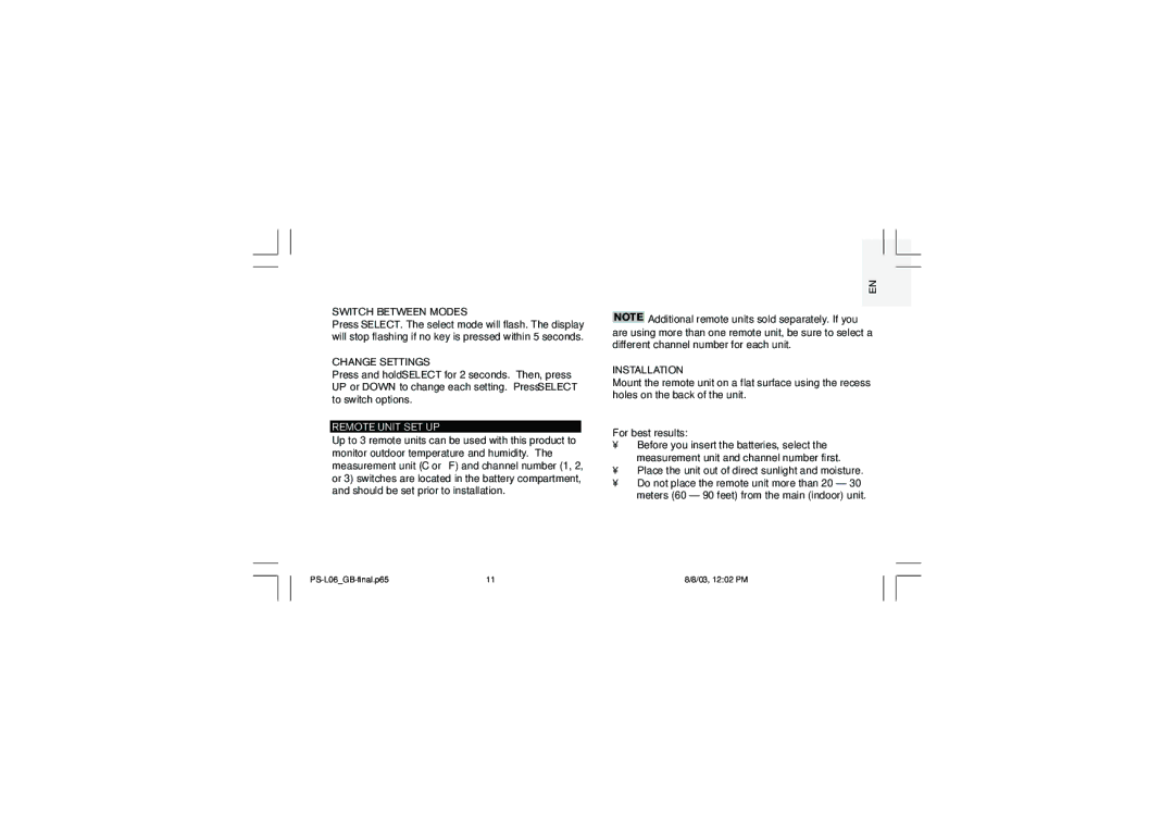 Oregon Scientific PS-L06U user manual Switch Between Modes, Change Settings, Remote Unit SET UP, Installation 