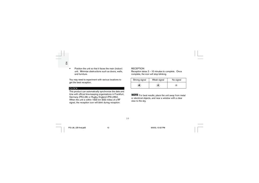 Oregon Scientific PS-L06U user manual Clock, Reception 