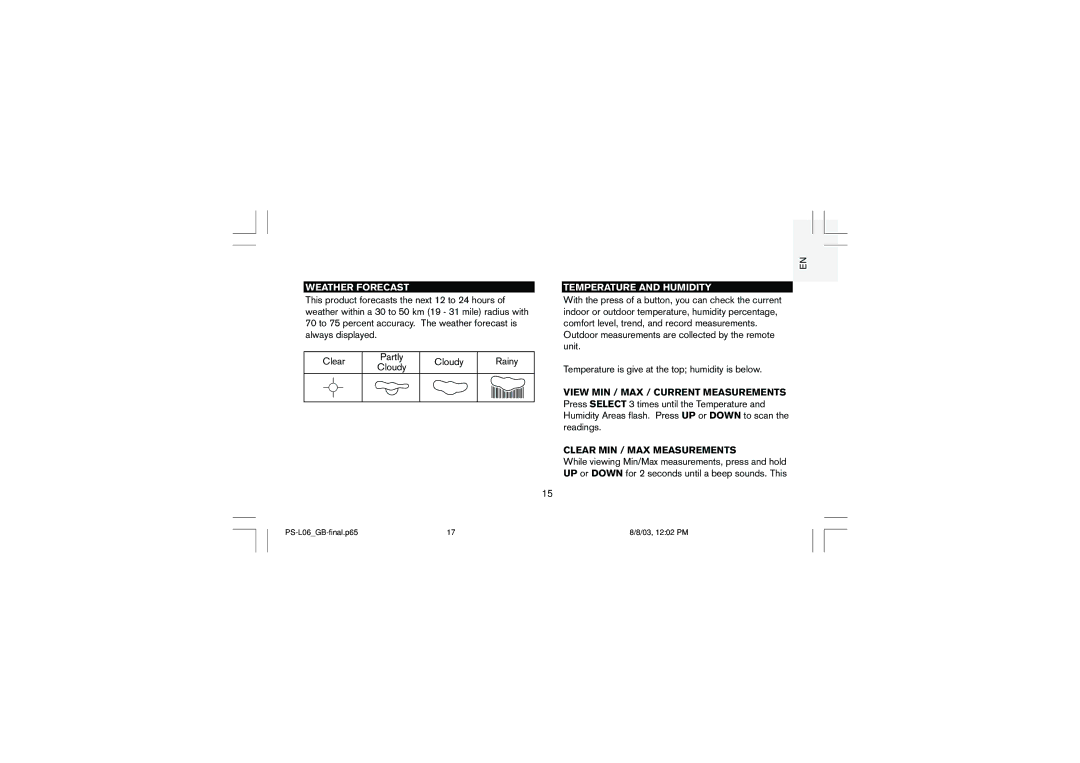 Oregon Scientific PS-L06U user manual Weather Forecast, Temperature and Humidity, View MIN / MAX / Current Measurements 