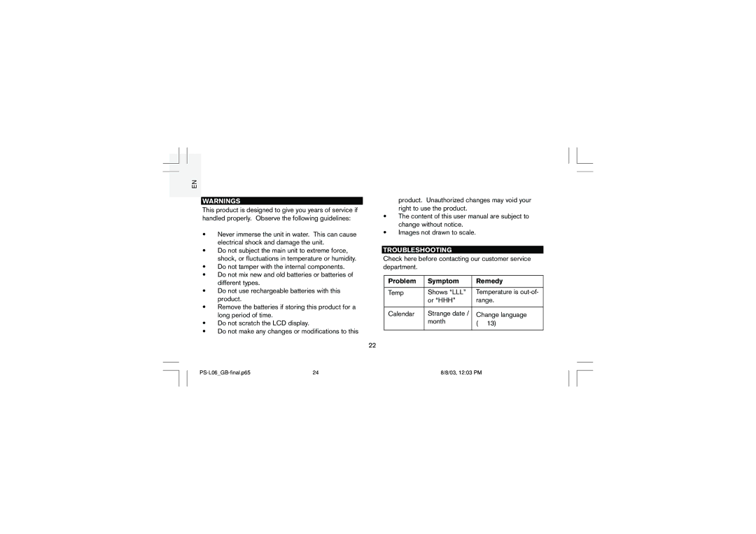 Oregon Scientific PS-L06U user manual Troubleshooting, Problem Symptom Remedy 