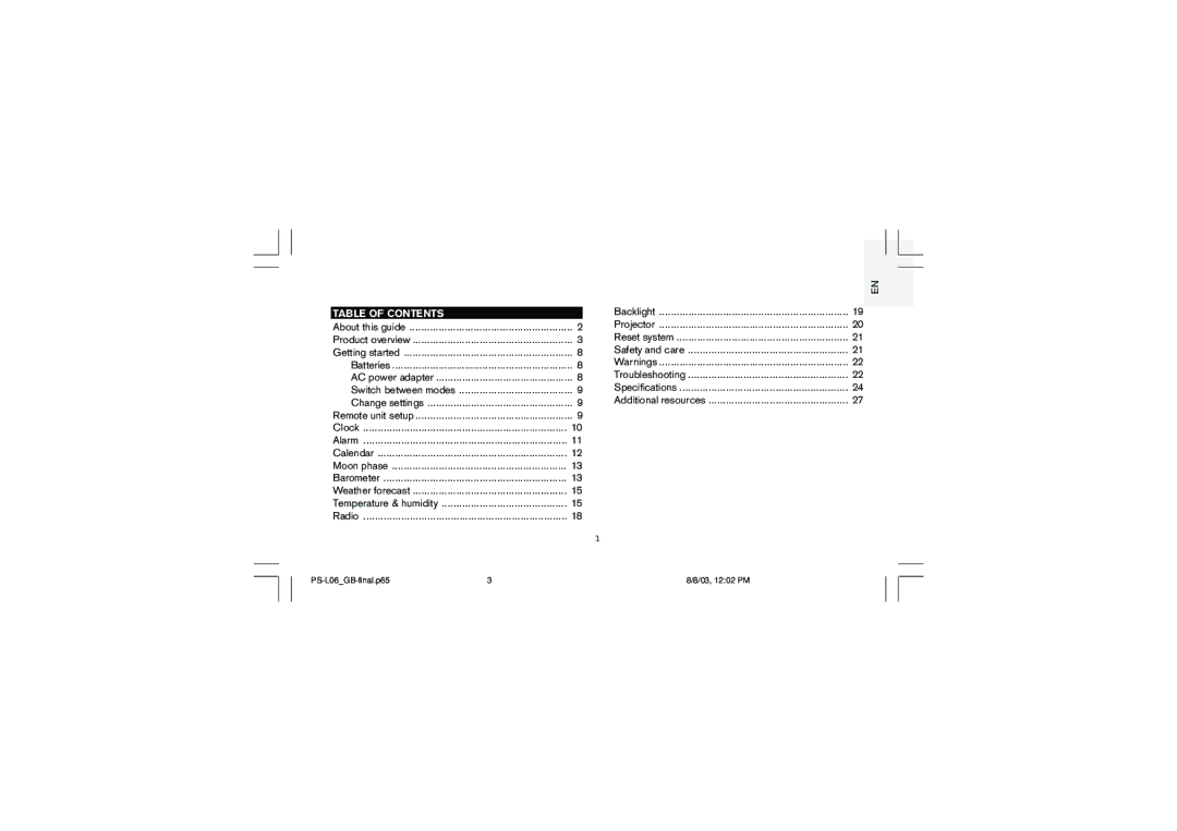 Oregon Scientific PS-L06U user manual Table of Contents 