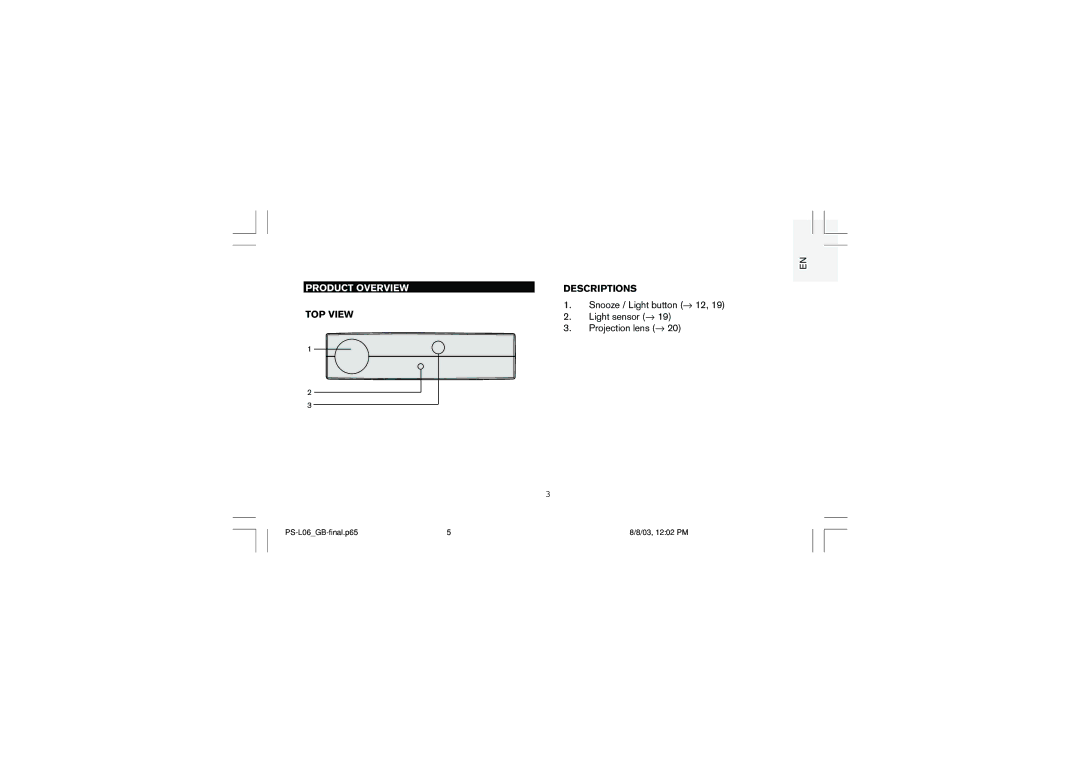 Oregon Scientific PS-L06U user manual Product Overview, TOP View Descriptions 