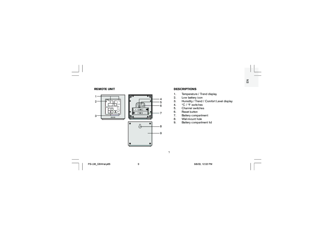 Oregon Scientific PS-L06U user manual Remote Unit 