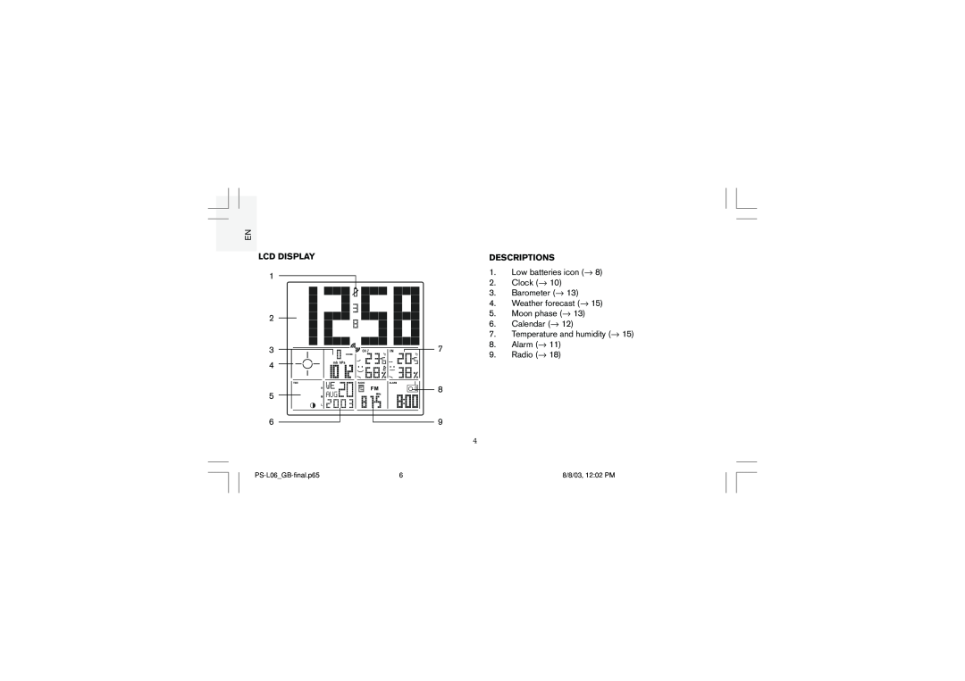 Oregon Scientific PS-L06U Lcd Display, 1 2 3 4 5 6, Descriptions, Low batteries icon → 2. Clock → 3. Barometer → 