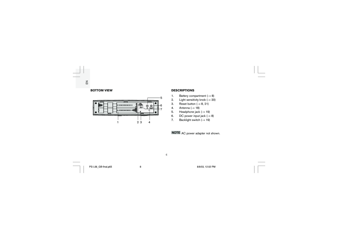 Oregon Scientific PS-L06U user manual Bottom View, 5 6 7, Descriptions, Battery compartment →, Antenna → 5.Headphone jack → 
