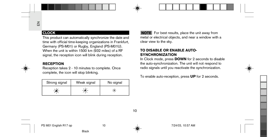 Oregon Scientific PS-M01U user manual Clock, Reception, To Disable or Enable Auto Synchronization 