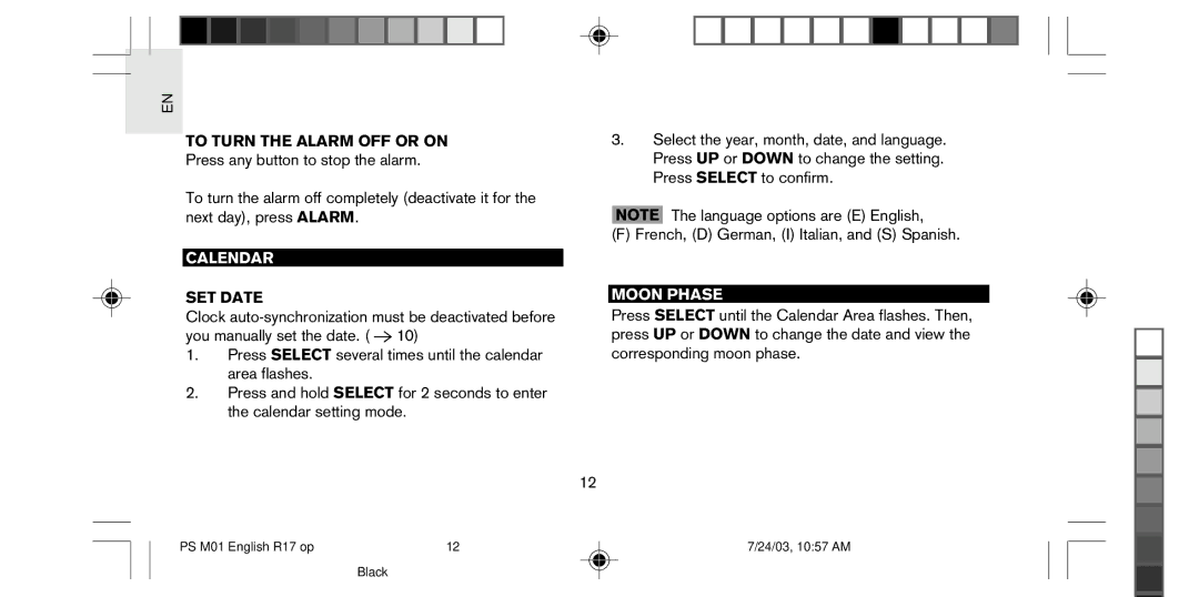 Oregon Scientific PS-M01U user manual To Turn the Alarm OFF or on, Calendar, SET Date, Moon Phase 