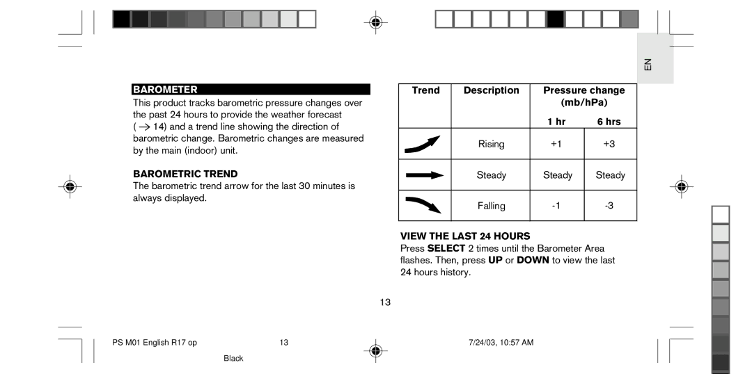 Oregon Scientific PS-M01U user manual Barometer, Barometric Trend, View the Last 24 Hours 