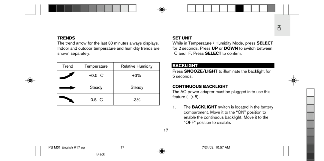 Oregon Scientific PS-M01U user manual Trends, SET Unit, Continuous Backlight 