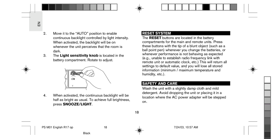 Oregon Scientific PS-M01U user manual Reset System, Safety and Care 