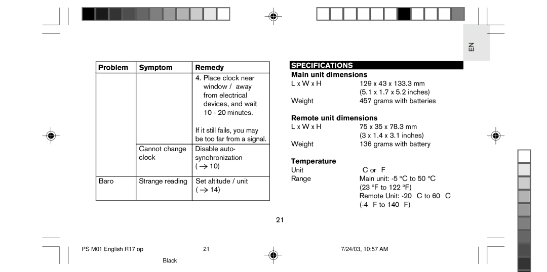 Oregon Scientific PS-M01U user manual Specifications, Temperature 