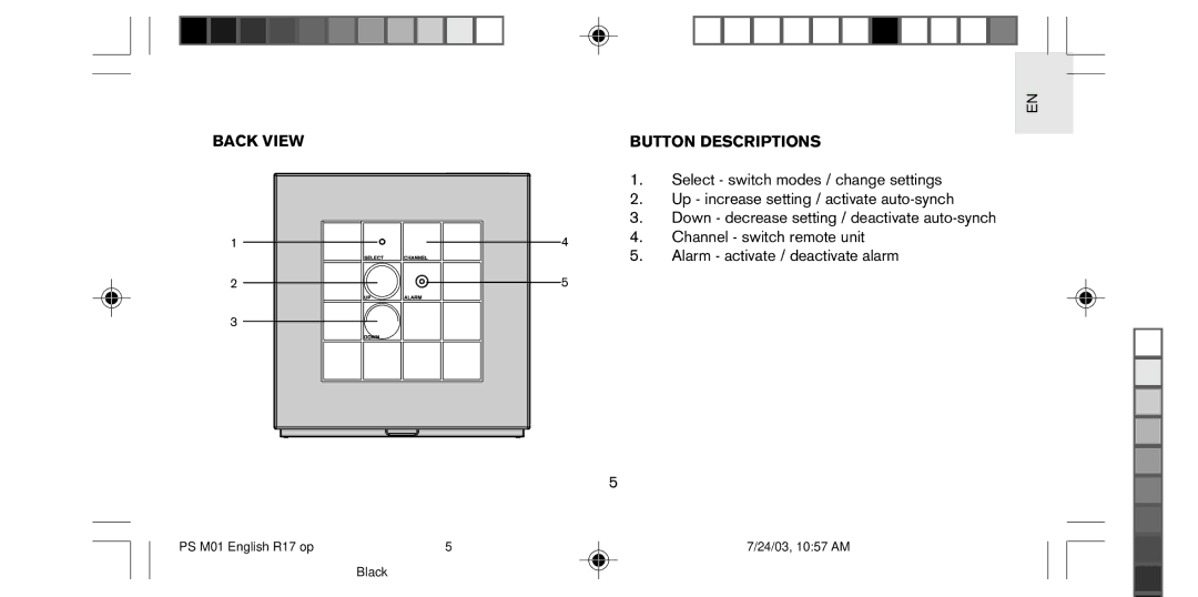 Oregon Scientific PS-M01U user manual Back View, Button Descriptions 